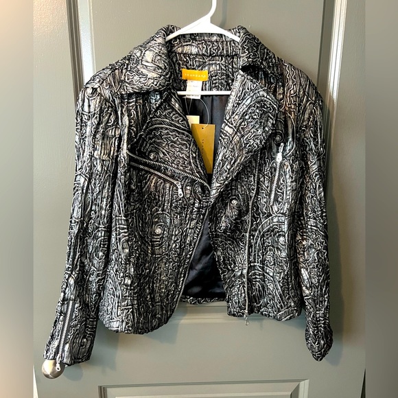 Vintage Jackets & Blazers - NWT Vintage Seandara Black & Silver Embossed Motorcycle Jacket - Size Medium